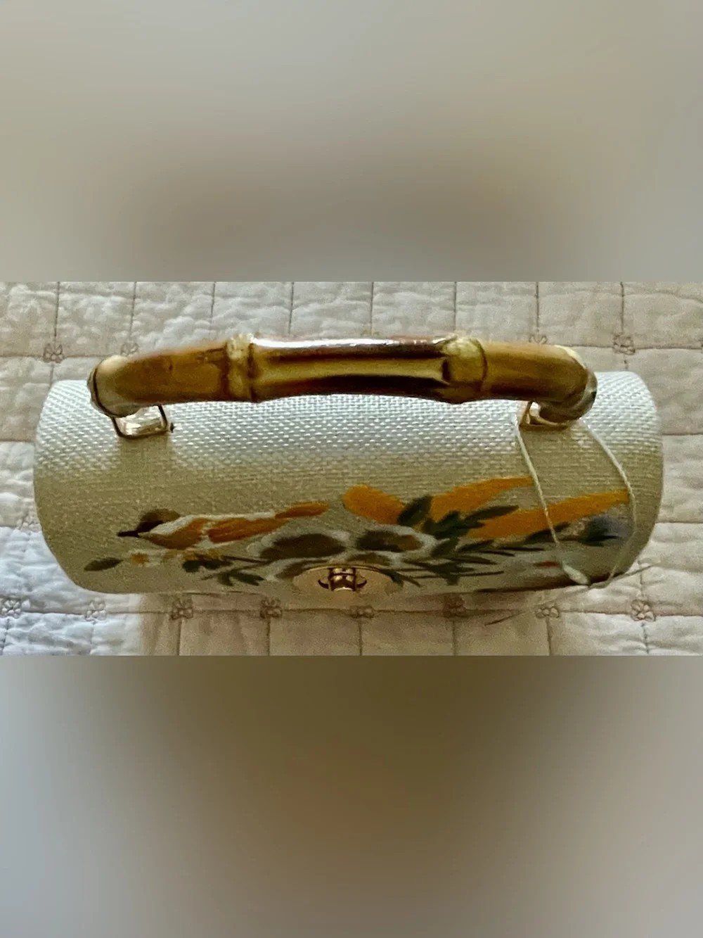 Tommy Bahama Bird & Floral Embroidered Canvas Bamboo Top Handle w Unique Chain